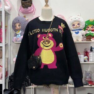 Black Pink Bear Graphic Knit Sweater Pullover